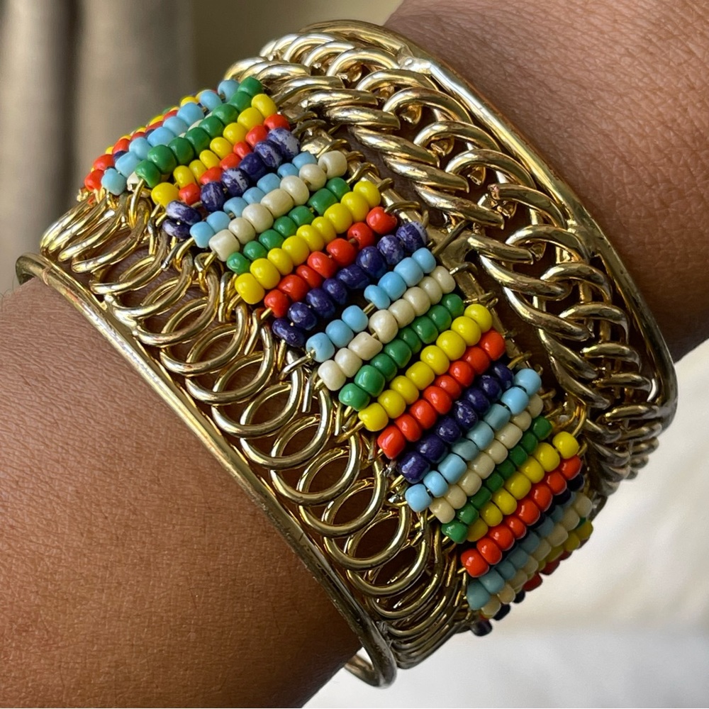 Multi-Colors Beaded Gold Tone Cuff Bracelet 6"